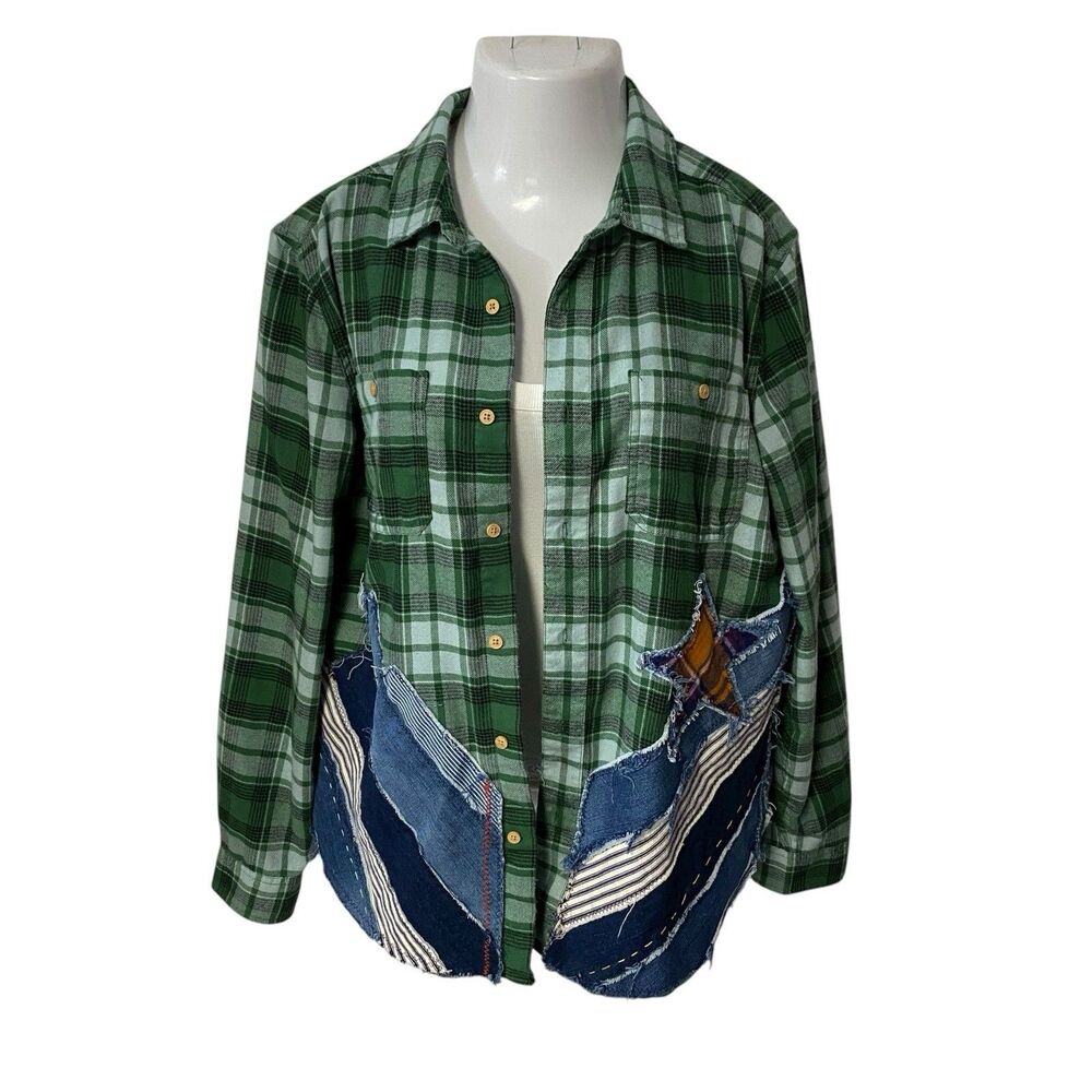 Upcycled Flannel Shirt Shacket Womens Large Alaska Grunge Patchwork Folk Art - Picture 12 of 16